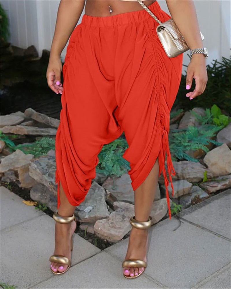 

Drawstring Ruched Plain Capris Pants, Orange