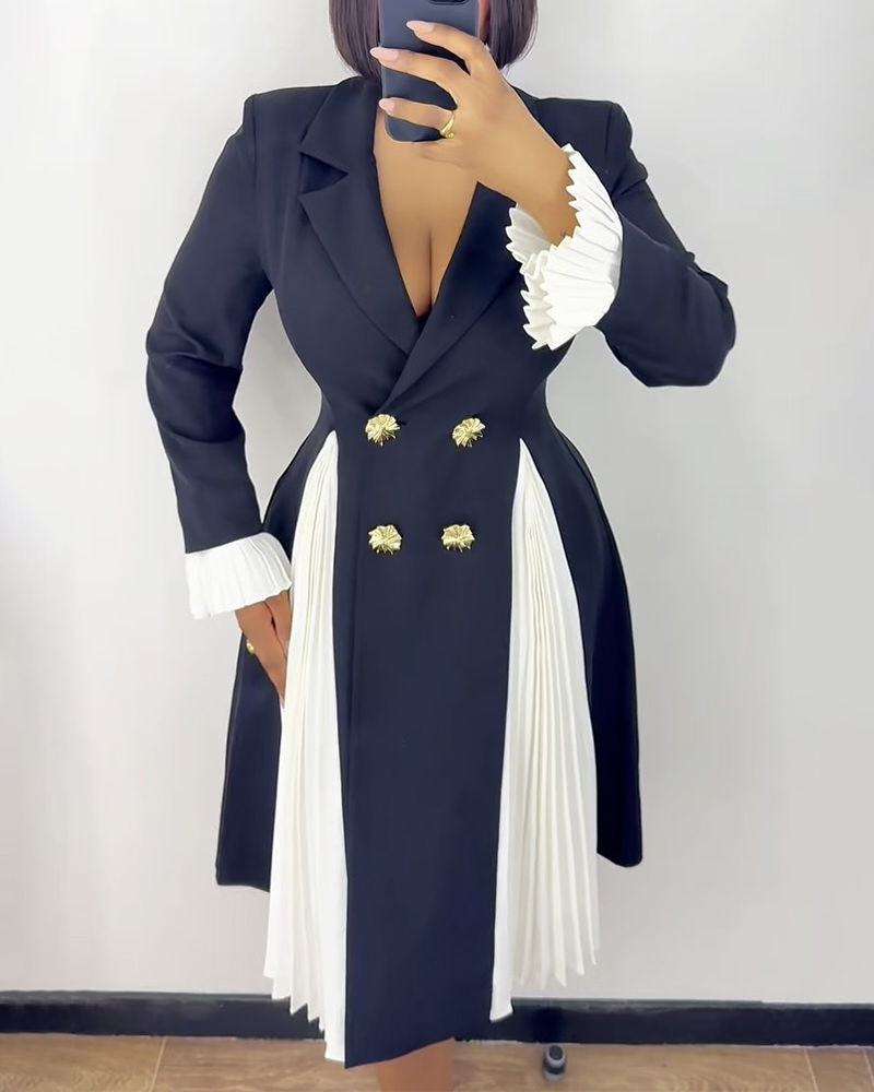 

Robe blazer élégante à double boutonnage, col cranté, poignets plissés et évasés, taille cintrée et ourlet évasé, idéale pour les trajets quotidiens., Black