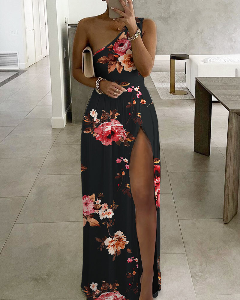 

Floral Print One Shoulder High Slit Maxi Dress, Black
