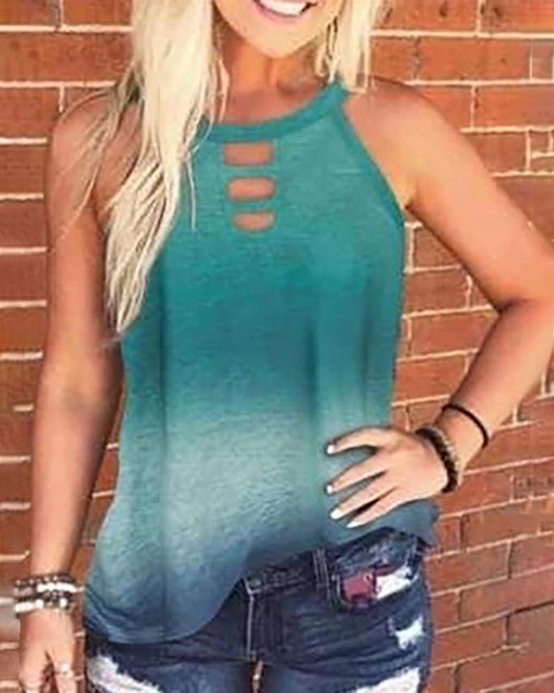 

Print Round Neck Cut Out Tank Top, Green