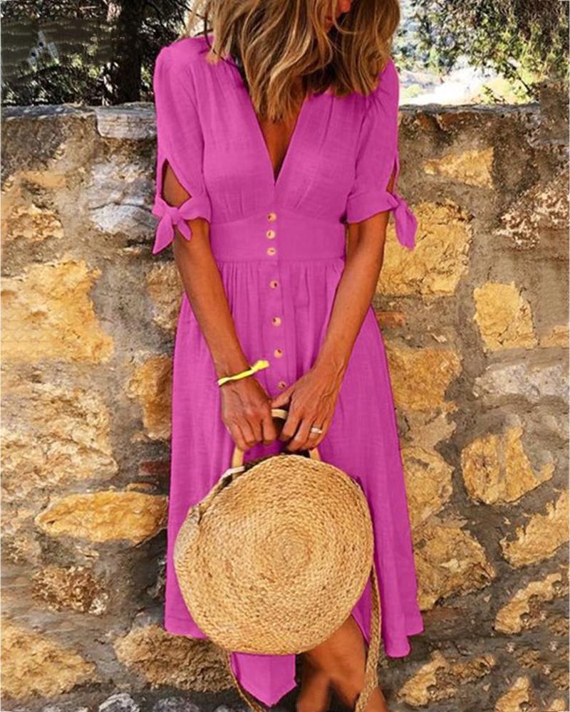 

Solid V-neck Half Sleeve Casual Dress, Purple