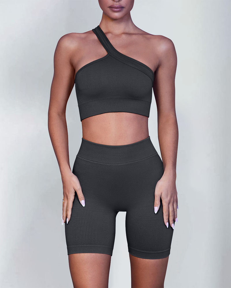 

One Shoulder High Waist Butt Lifting Yoga Active Set, Black