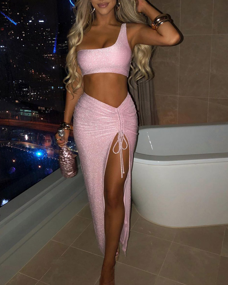 

Glitter One Shoulder Crop Top & Drawstring Split Thigh Skirt Set, Pink
