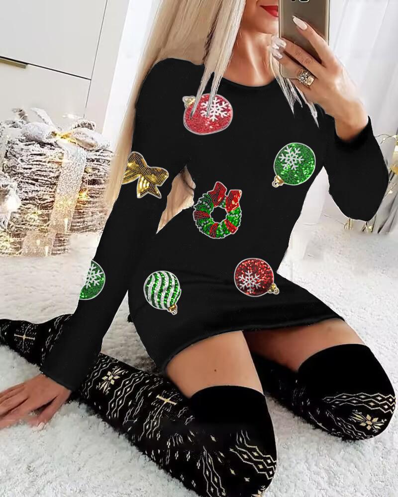 Christmas Graphic Pattern Round Neck Bodycon Dress