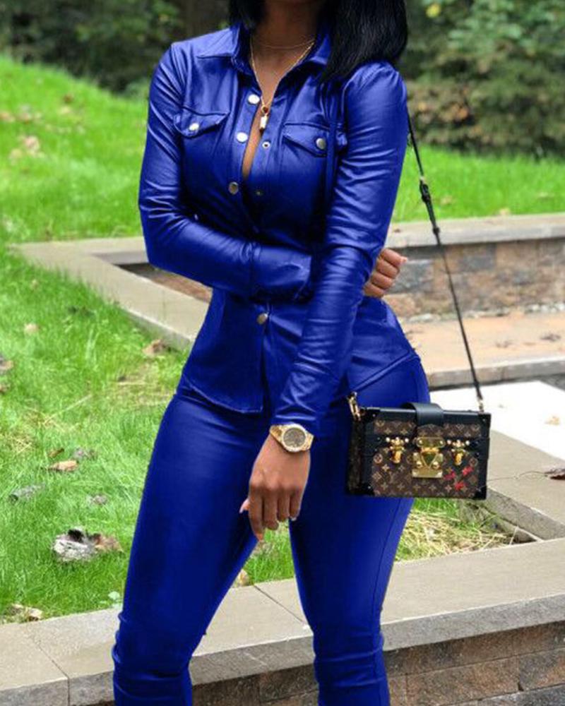 

PU Leather Pocket Design Long Sleeve Top & Skinny Pants Set, Blue