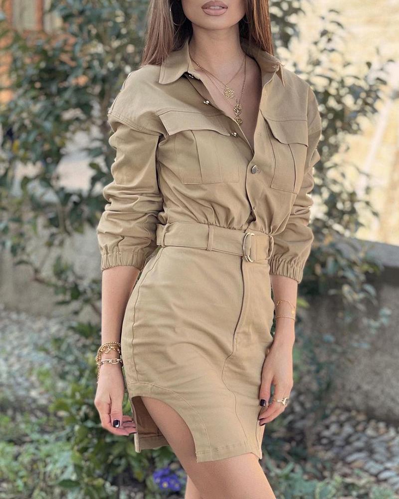 

Pocket Design Slit Long Sleeve Cargo Dress, Khaki