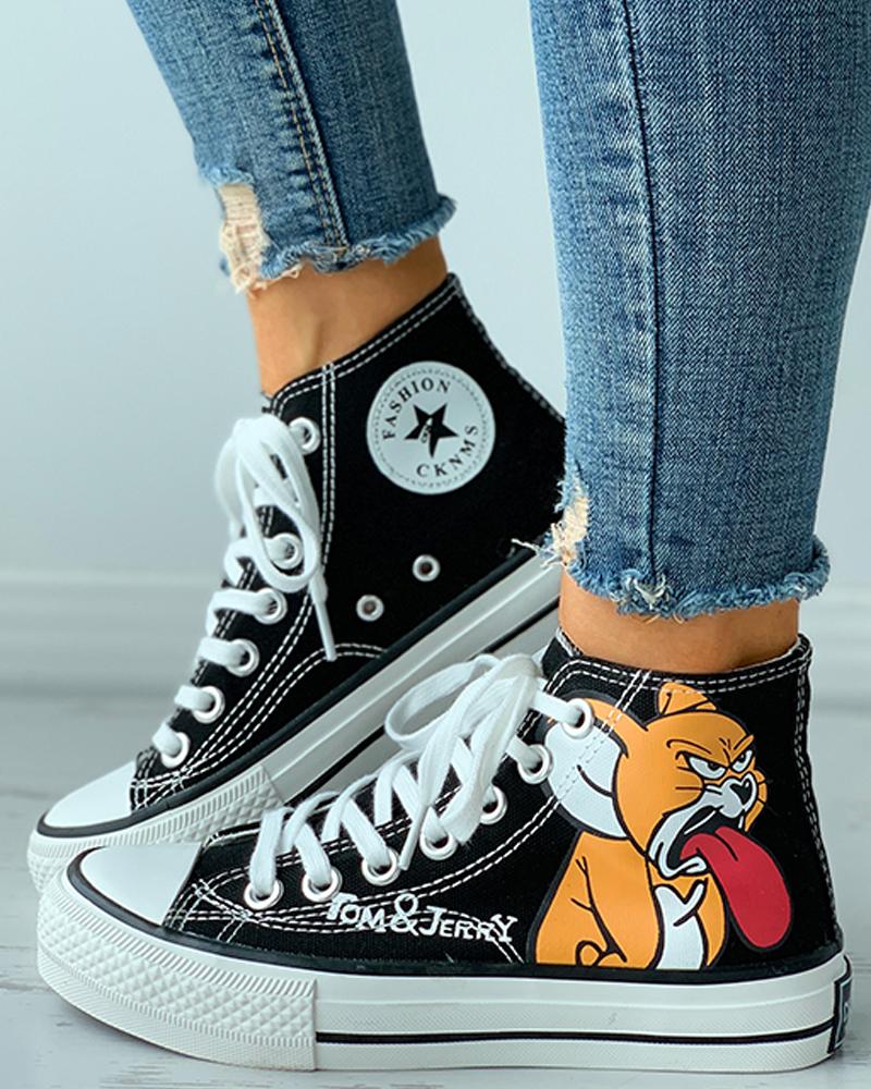 

Cartoon Print Eyelet Lace-up High Top Canvas Shoes, Black