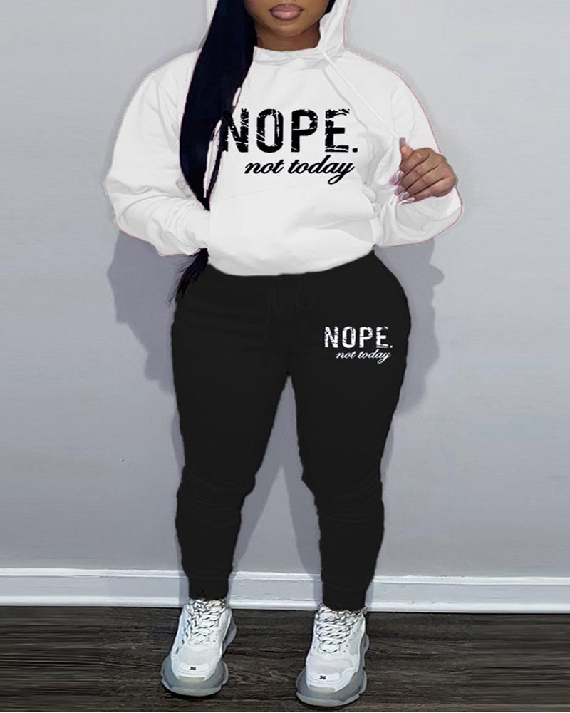 

Plus Size Letter Print Casual Hoodie & Pants Set, Blackwhite