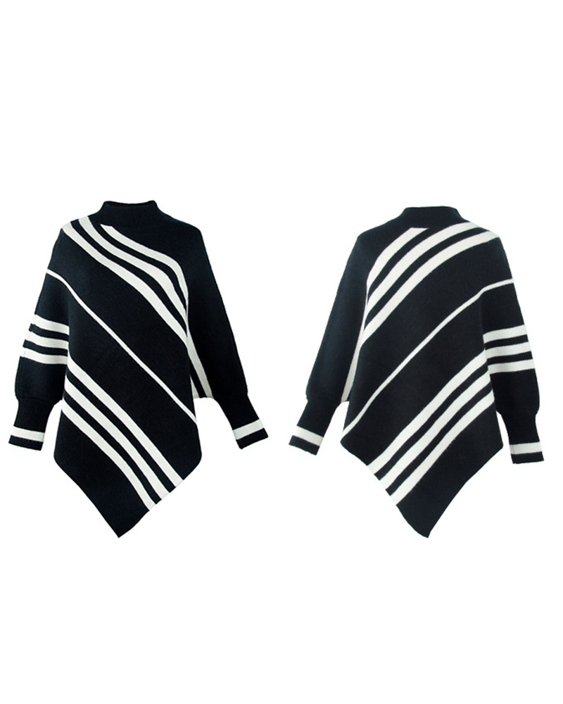 

Striped Cape Sleeve Poncho Sweater, Black