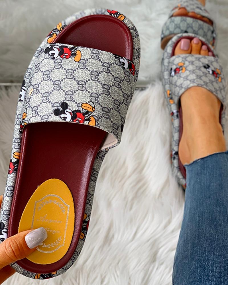

Cartoon Letter Pattern Peep Toe Flatform Sandals, Gray