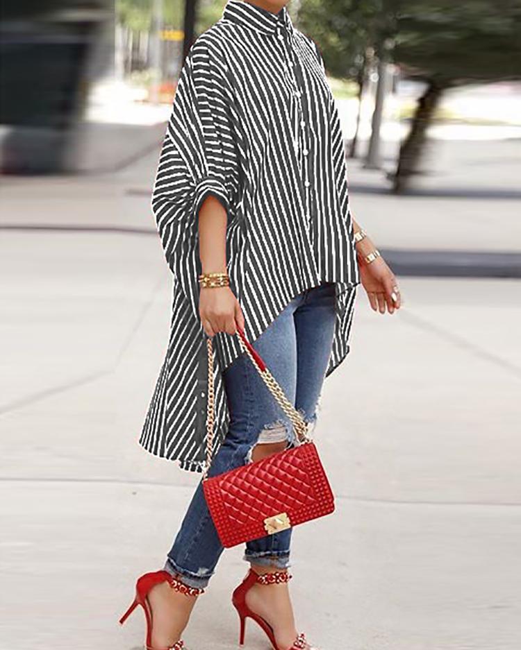 

Striped Colorblock Batwing Sleeve Dip Hem Women Top, Gray