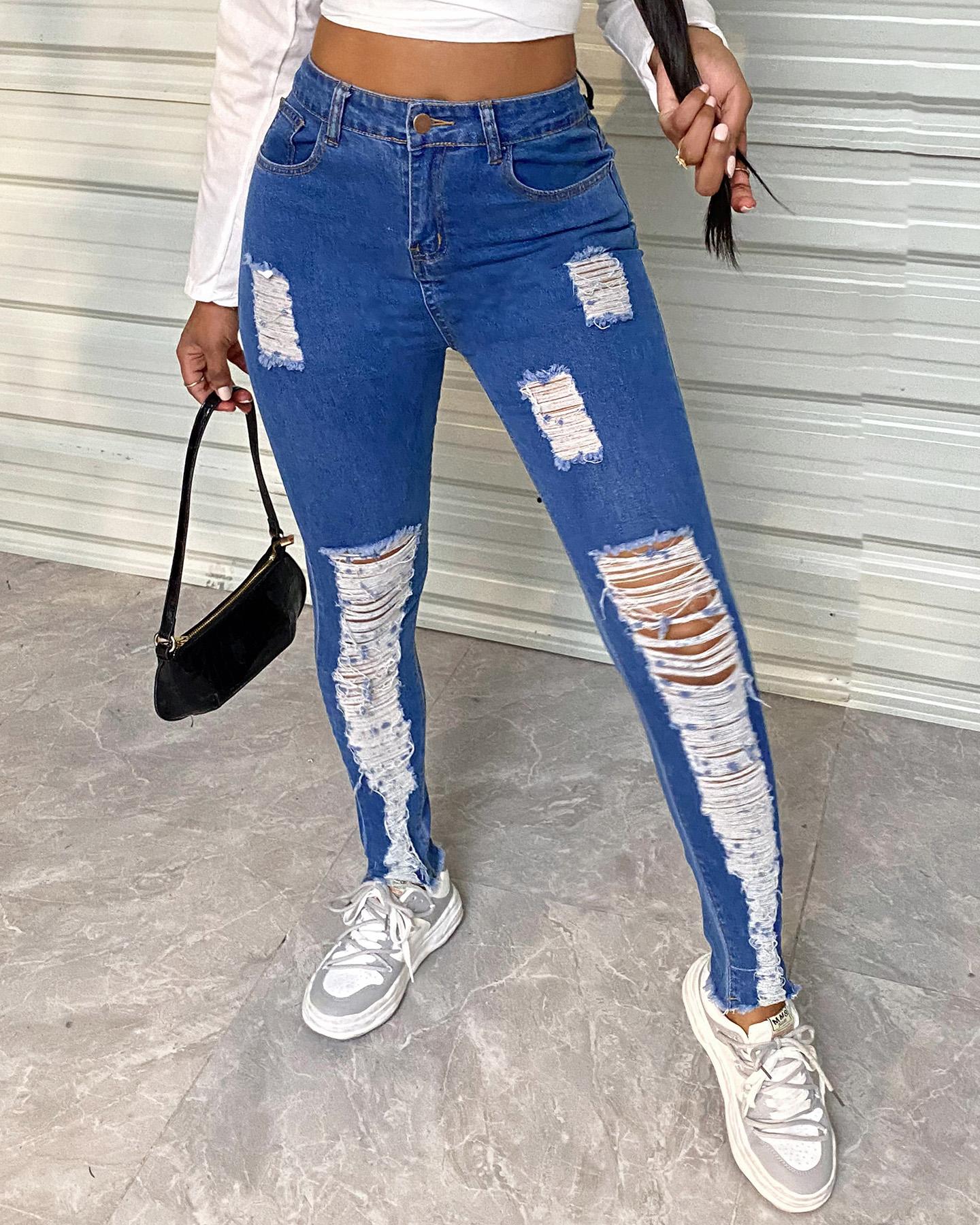 

Ripped Raw Hem Skinny Jeans, Blue