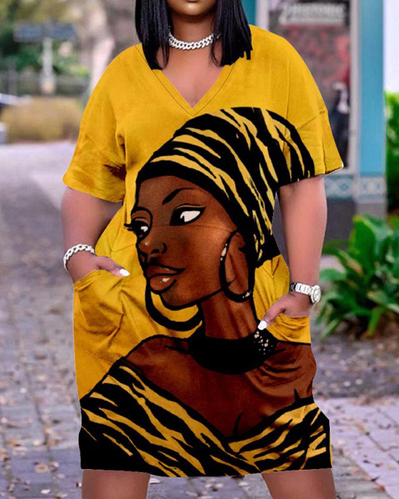 

Plus Size Figure Print Pocket Detail Casual Dress, Yellow