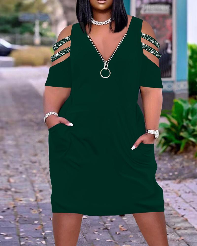 

Plus Size Cold Shoulder Zipper Design Casual Dress, Green