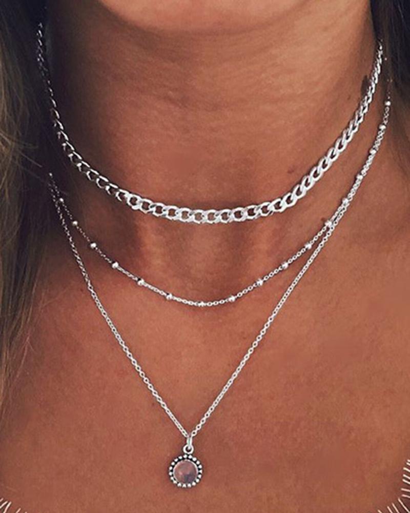 

1pcs Multi-layered Beaded Geometric Pendant Necklace, Silver