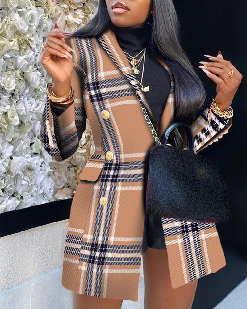 

Plaid Print Button Design Long Sleeve Blazer Coat Elegant Work Blazer, Khaki