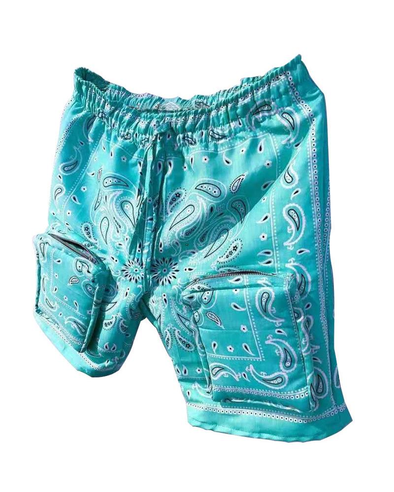 

Paisley Print Loose Drawstring Shorts, Lighted blue