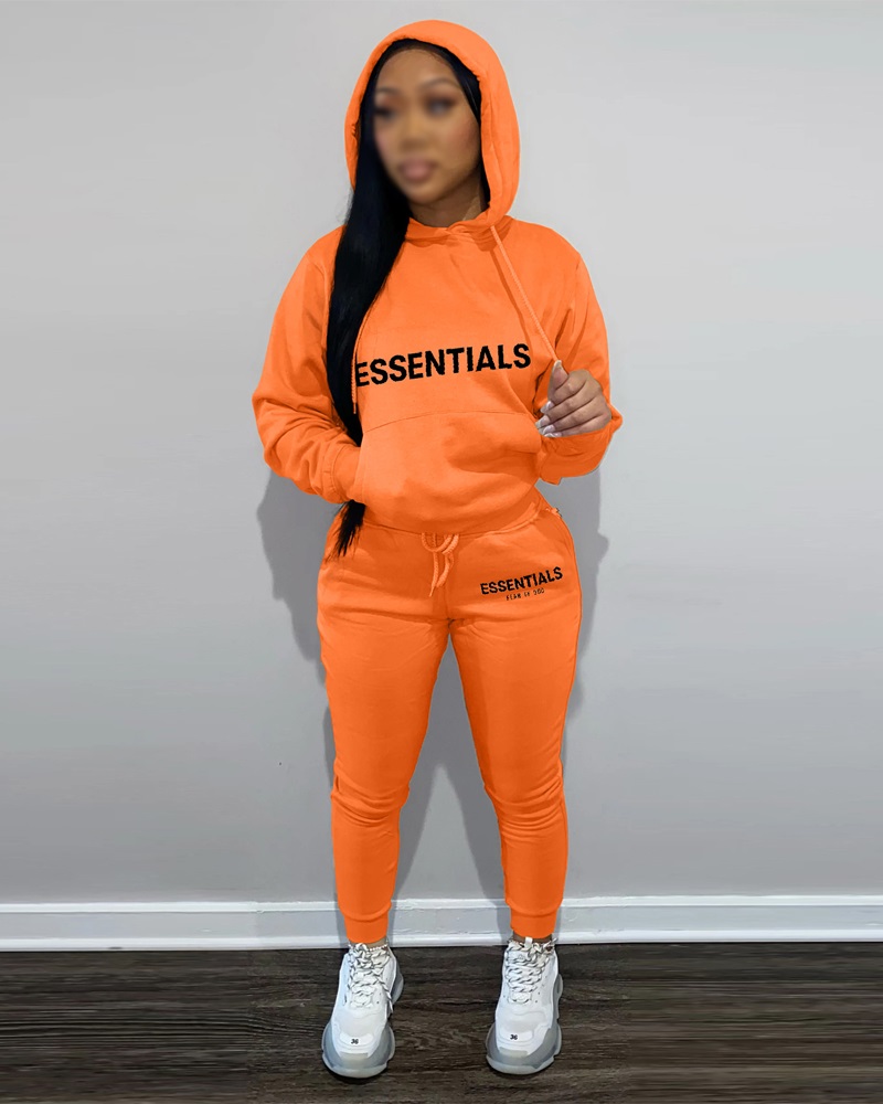 

Letter Print Long Sleeve Hoodie & Pants Set, Orange