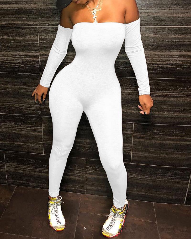 

Plain/Leopard /Letter/Cartoon Print Off Shoulder Jumpsuit, White