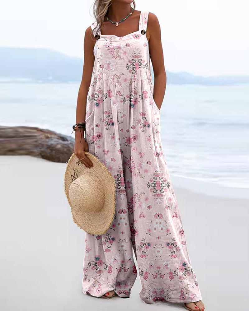 

Pink Ditsy Floral Print Wide Leg Suspender Jumpsuit