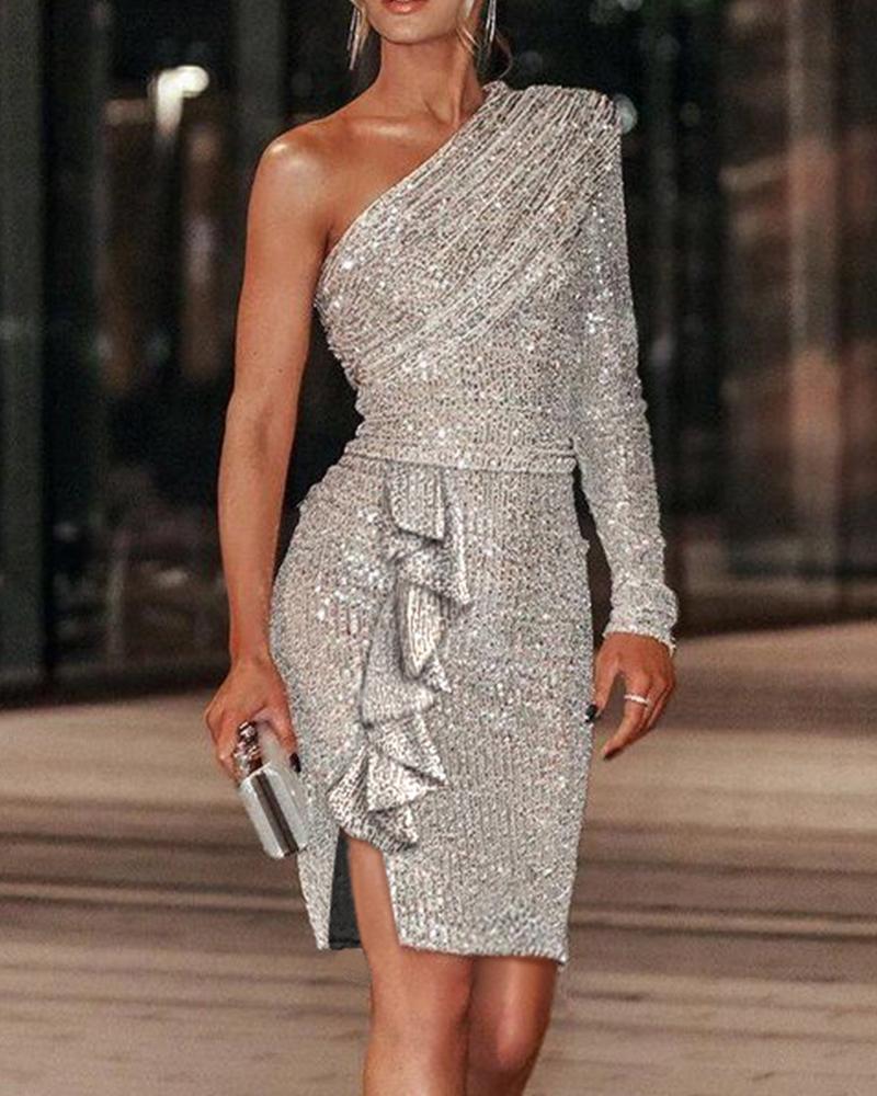 

One Shoulder Long Sleeve Ruffles Allover Sequins Dress, Champagne