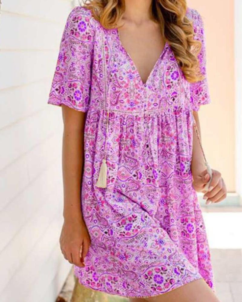 

Boho Style All Over Print Short Sleeve Mini Dress, Hot pink
