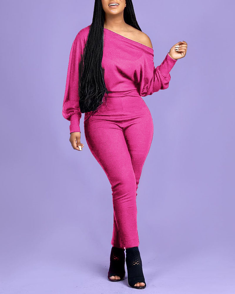 

Plus Size Ribbed Lantern Sleeve Skinny Jumpsuit, Hot pink