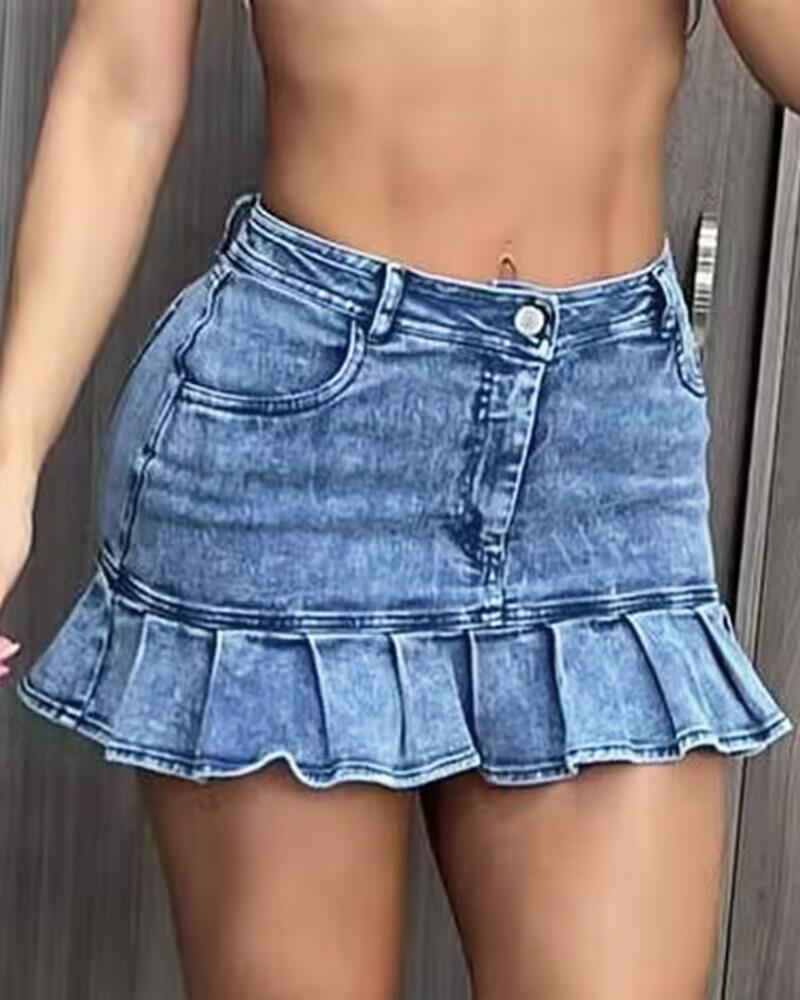 

Zipper Fly Ruffle Hem Denim Skirt, Blue