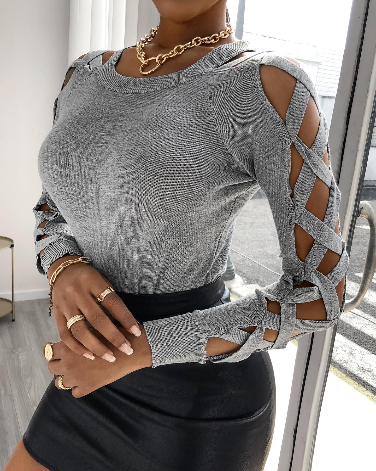 

Plain Cutout Crisscross Long Sleeve Top, Gray