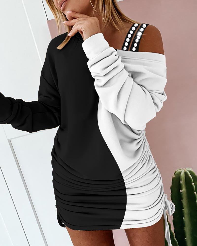 

Colorblock Cold Shoulder Drawstring Long Sleeve Dress, Blackwhite