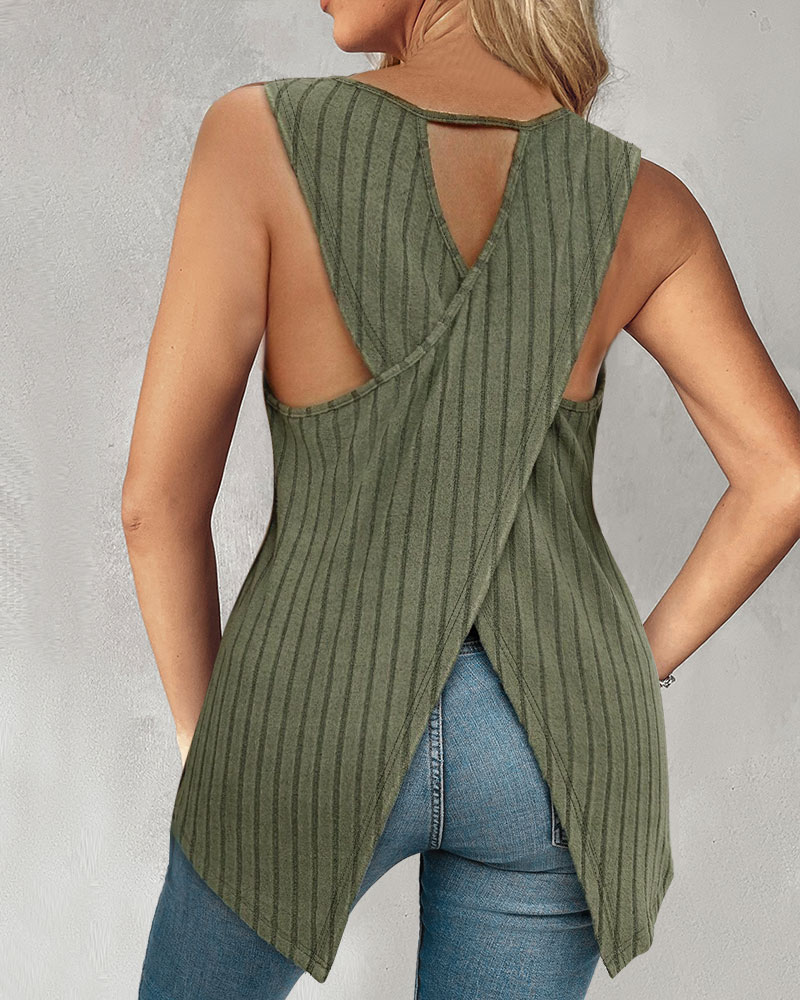 

Hollow Out Criss Cross Ribbed Tank Top, Army green