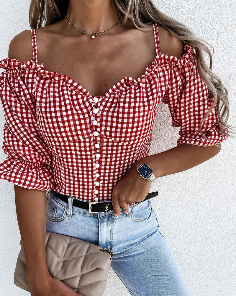 

Cold Shoulder Plaid Print Frill Hem Top, Red