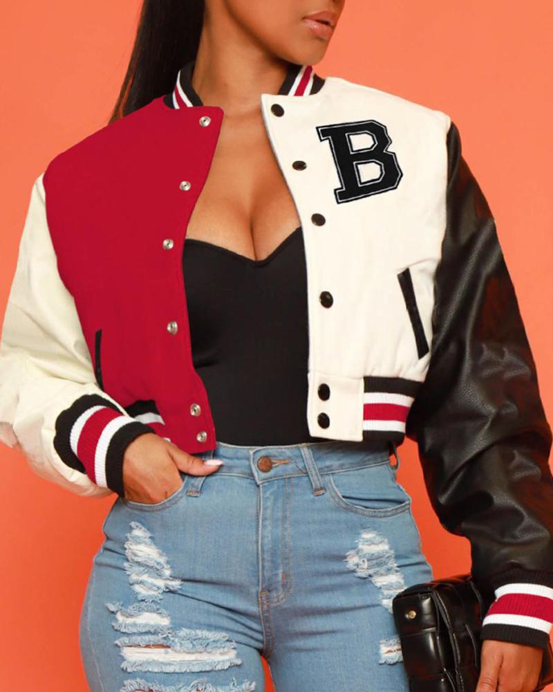 

Plus Size Colorblock Letter Patch Long Sleeve Baseball Jacket, Red