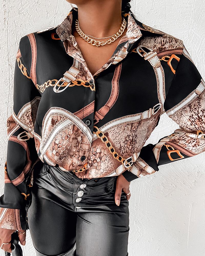 

Long Sleeve Chain Abstract Print Buttoned Shirt, Black