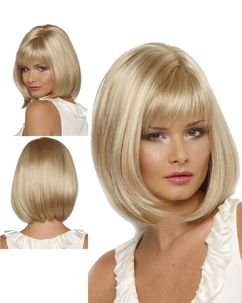 

Short Straight Hair Wig Natural Looking Synthetic Bob Wig With Bangs, Gold