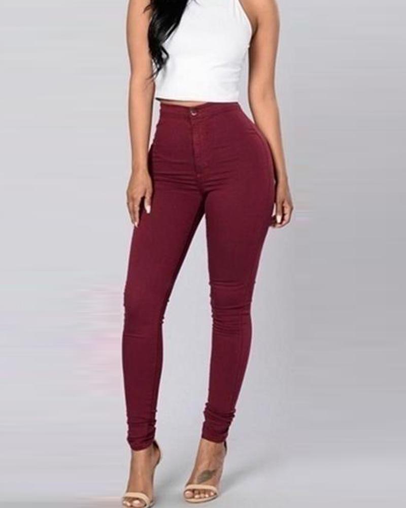 

Solid Skinny Pencil Feet Pants, Wine red