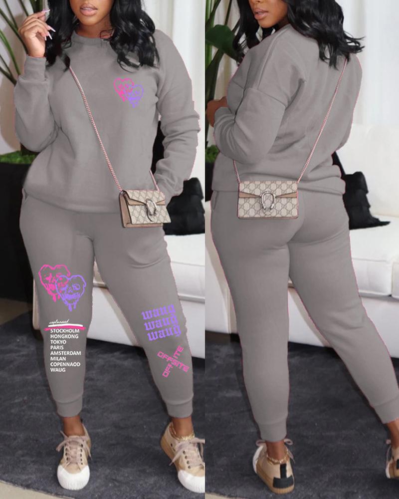 

Letter Heart Print Long Sleeve Casual Top & Pants Set, Gray
