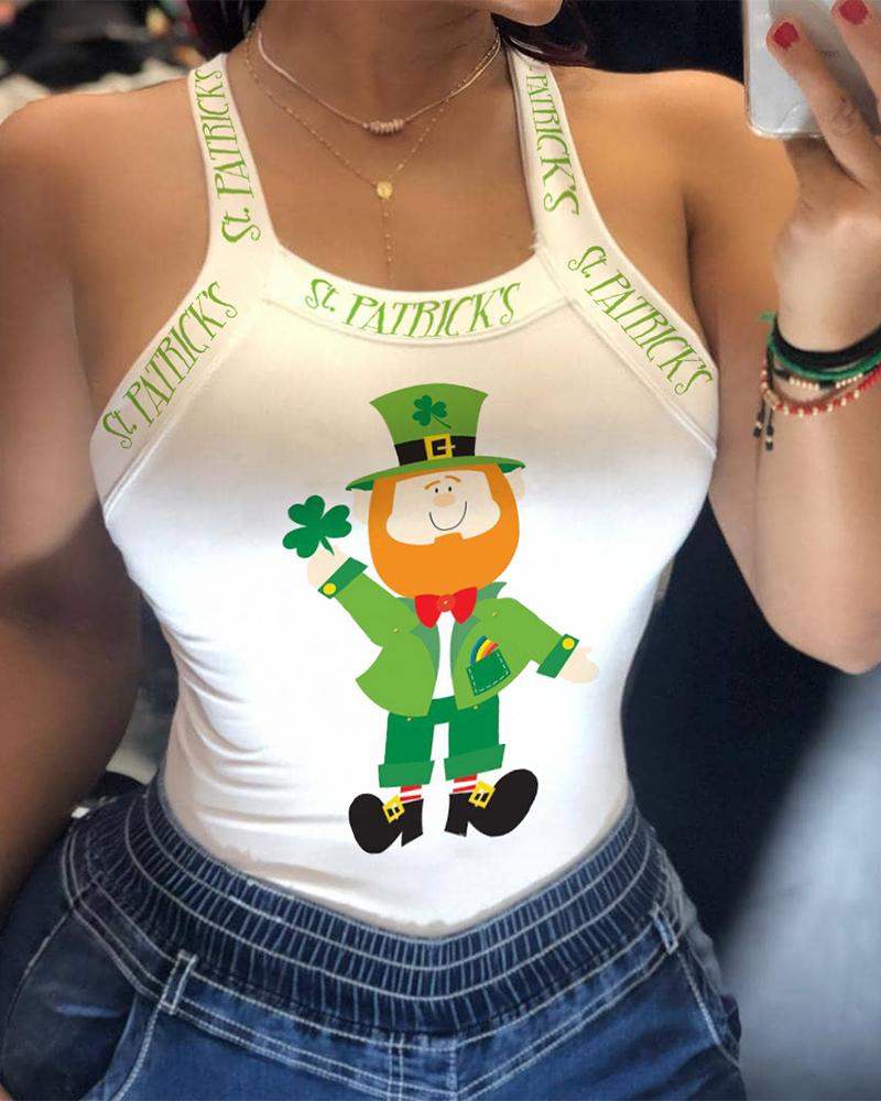 

St. Patrick' Day Cartoon Clovers Print Sleeveless Tank, White