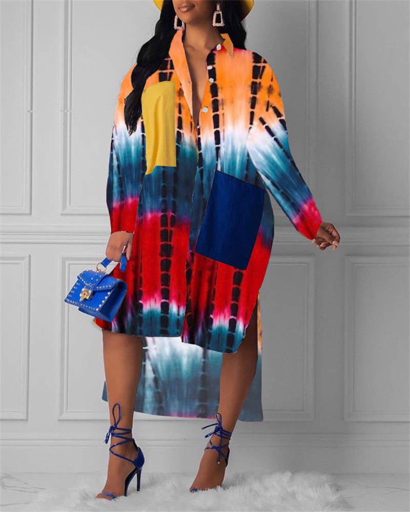 

Plus Size Tie Dye Print High Low Hem Shirt Dress, Multicolor