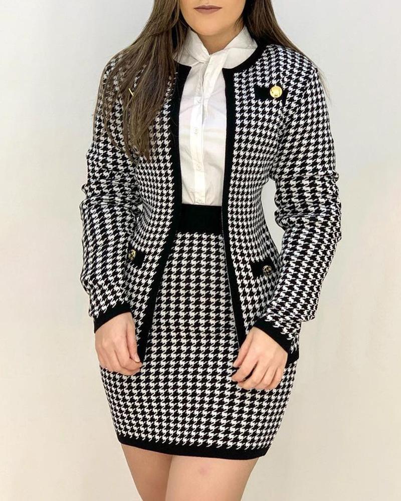 

Houndstooth Print Buttoned Coat & Skirt Set, Black