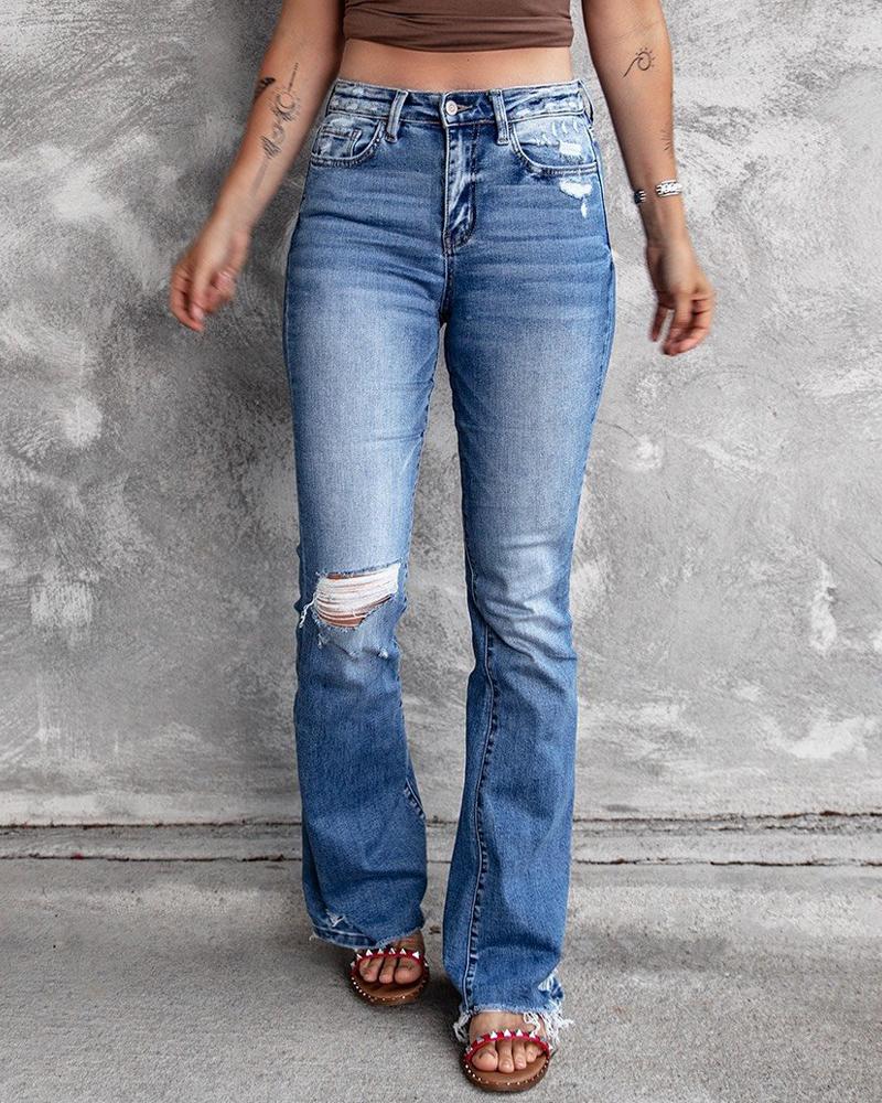 

High Waist Ripped Raw Hem Bootcut Jeans, Lighted blue