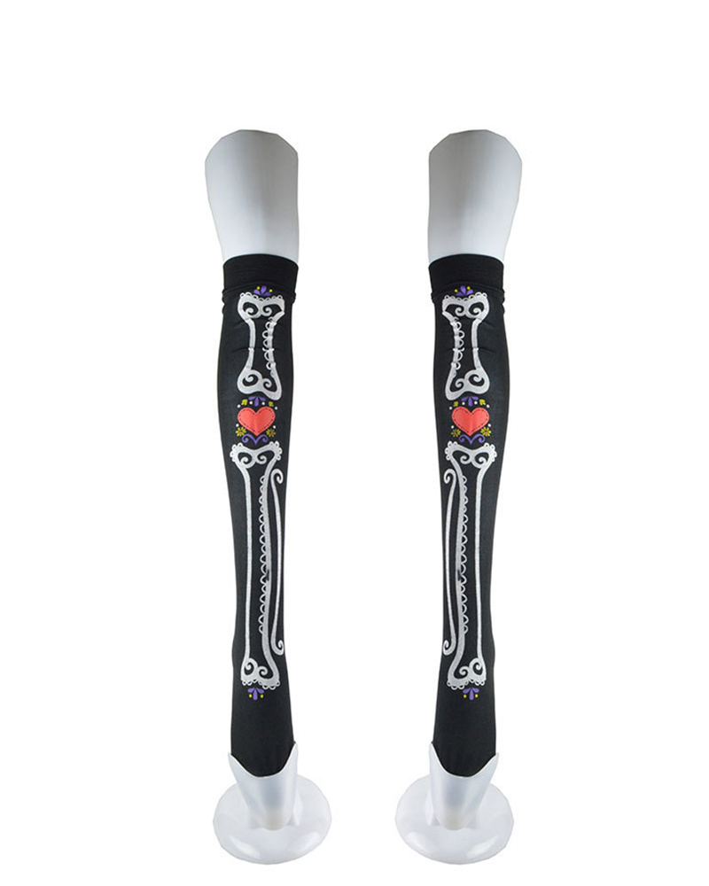 

1Pair Halloween Skeleton / Heart Print Stockings, Red