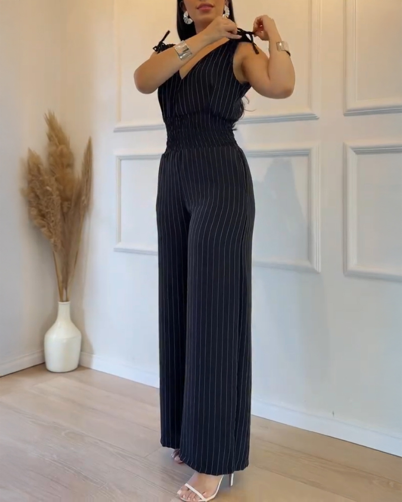 

Striped V-Neck Sleeveless Casual Tied Detail Shirred Cinch Jumpsuit, Black