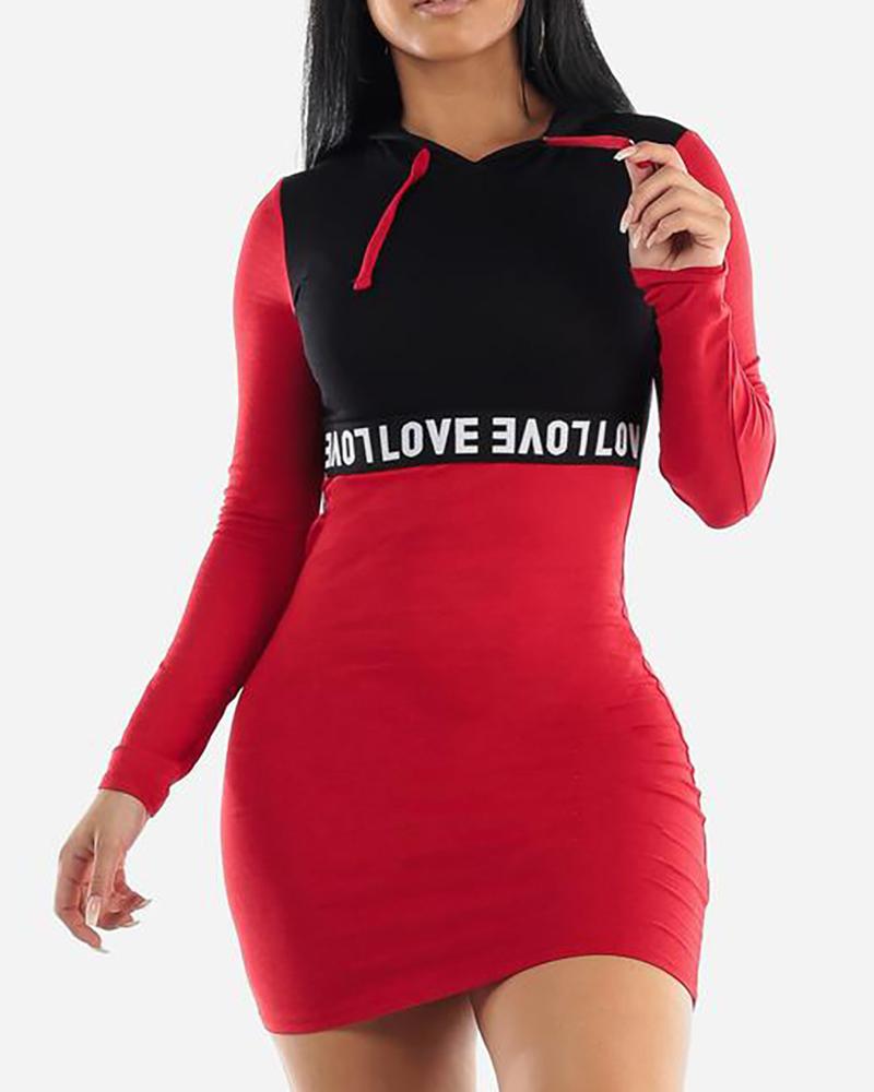 

Letter Print Colorblock Sporty Hooded Bodycon Dress, Red
