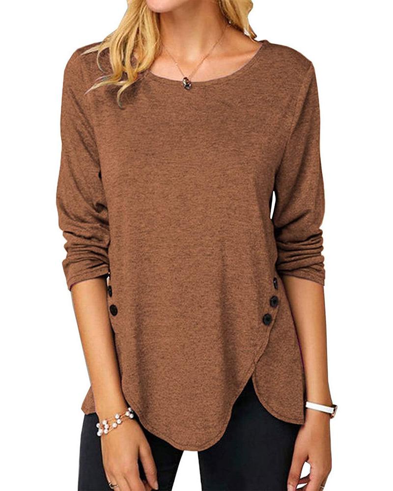 

Button Design Long Sleeve Casual Top, Brown