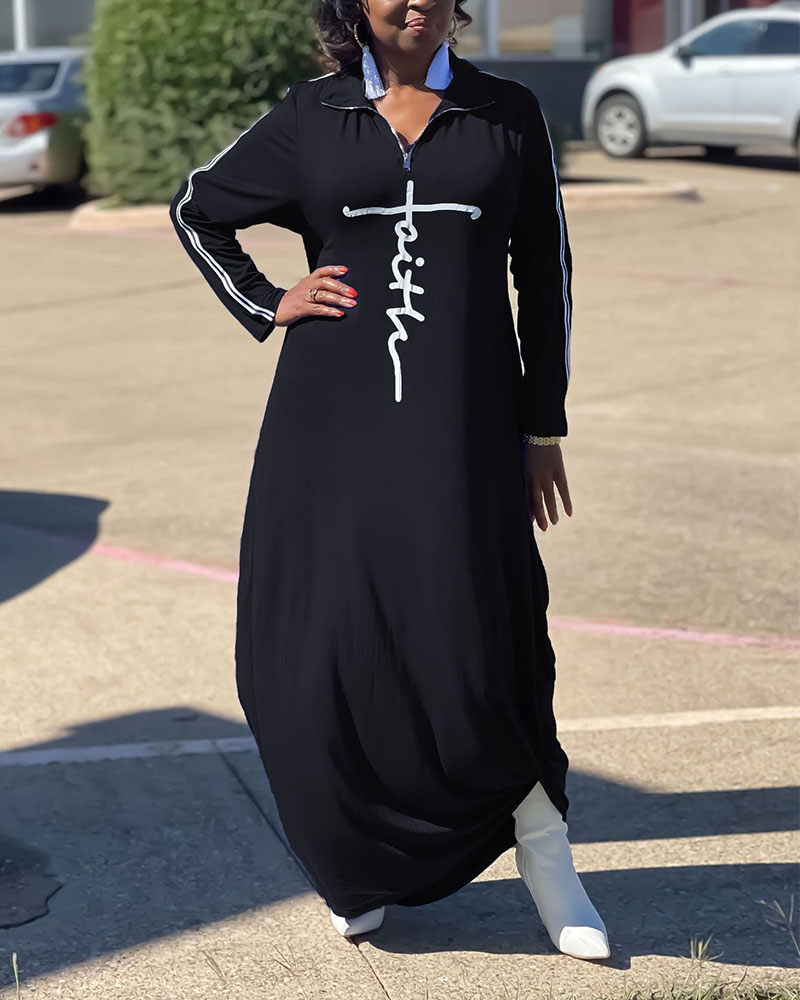 

Plus Size Letter Print Zip Front Long Sleeve Dress, Black