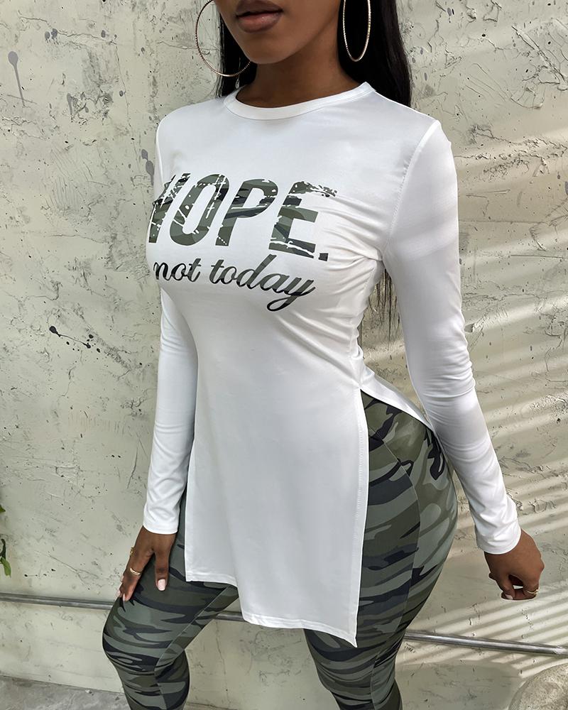 

Letter Print Split Hem Top & Camouflage Print Pants Set, Camoflage