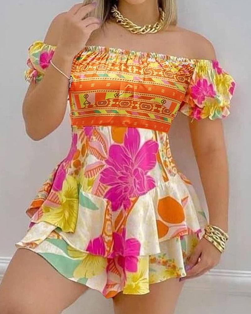 

Off Shoulder Ruffle Hem Floral Print Dress, Multicolor