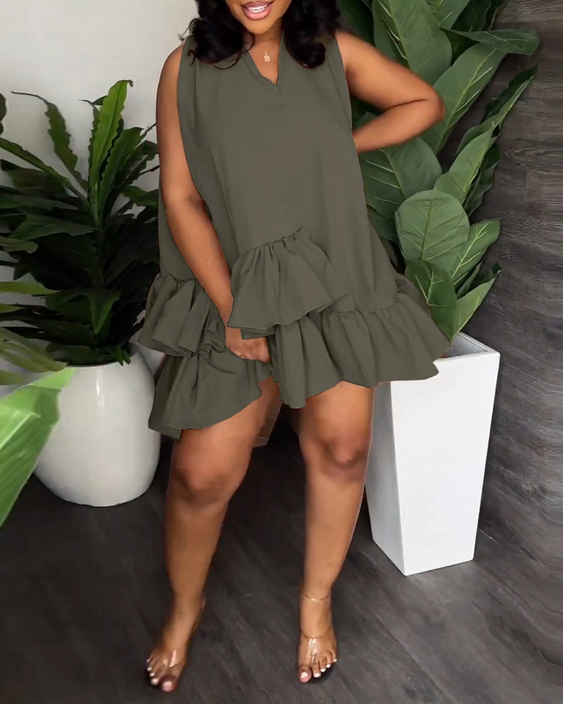 

V-Neck Layered Ruffle Hem Casual Dress, Dark grey