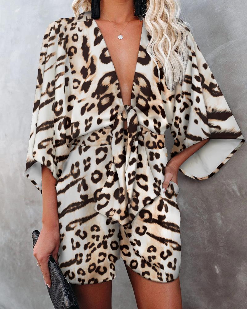 

Leopard Print Knotted Front Bell Sleeve Romper
